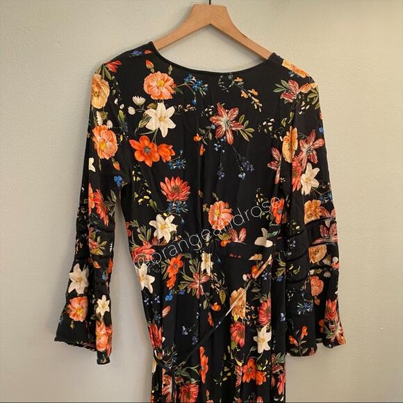 FARM Rio Brazil Black Floral Wrap Front Long Sleeve Maxi Dress Tropical XS - Picture 10 of 16